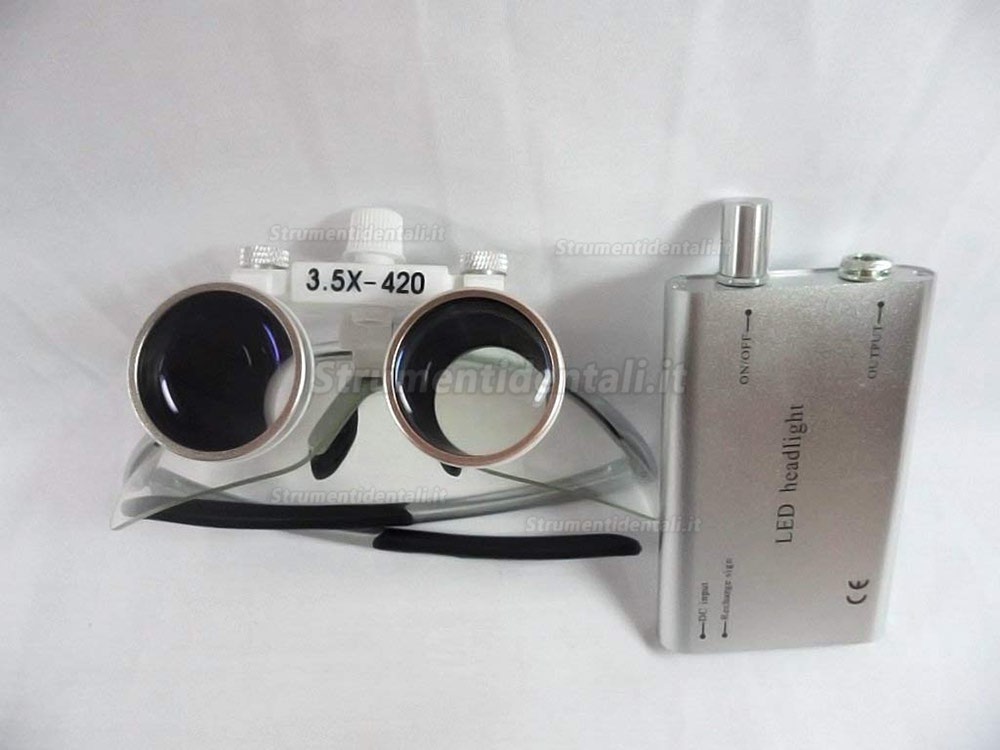 3,5x, 420 mm Occhiali binoculari dentista + luce per occhiali ingrandenti